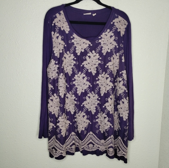 Logo Lavish Purple Long Sleeve Lace Front Tunic Women's Plus Size 2X - Picture 1 of 6